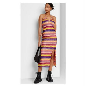 Wild Fable Colorful Striped Halter Dress Side Slit Size M NWT